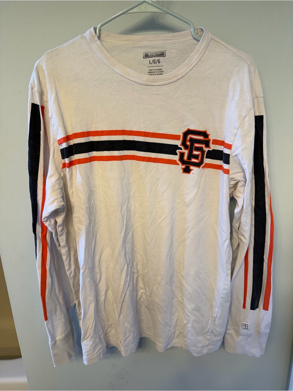 White Long-Sleeve Crewneck Shirt with Orange & Black Stripe Accent